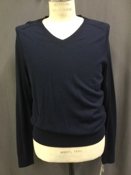 BROOKS BROTHERS, Navy Blue, Wool, Solid, V-neck, Long Sleeves,