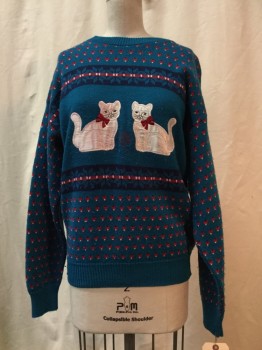 JENNIFER ADAMS, Teal Blue, Red, White, Navy Blue, Wool, Synthetic, Novelty Pattern, Teal Blue/red/navy/white Novelty Print Cat Appliqué, Crew Neck, Long Sleeves,