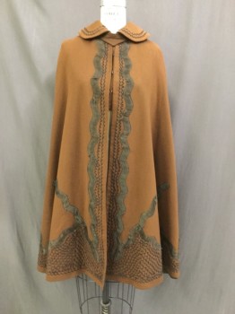 Womens, Cape 1890s-1910s, N/L, Sienna Brown, Black, Wool, Solid, Abstract , OS, Peter Pan Collar, Hook & Eye Center Front (Missing Some Hooks), Button Tab at Neck, Decorative Trim Applique, a Little Moth Eaten and Frayed But NICE CAPE!