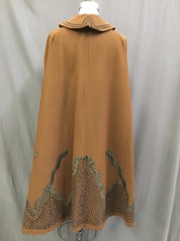 Womens, Cape 1890s-1910s, N/L, Sienna Brown, Black, Wool, Solid, Abstract , OS, Peter Pan Collar, Hook & Eye Center Front (Missing Some Hooks), Button Tab at Neck, Decorative Trim Applique, a Little Moth Eaten and Frayed But NICE CAPE!