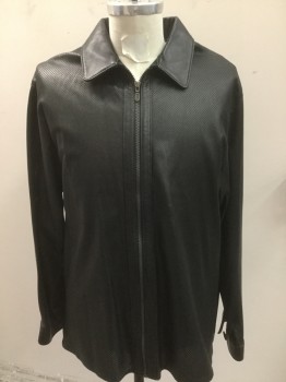 BOD & CHRISTENSEN, Black, Leather, Solid, Black Punch Out Leather, Collar Attached, Zip Front,