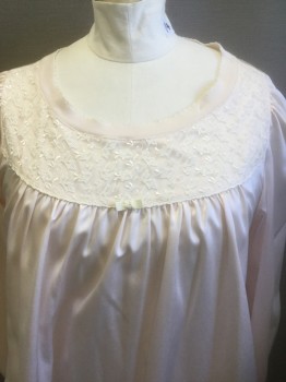 Womens, Nightgown, N/L, Lt Pink, Polyester, Solid, XL, Satin, with White Sheer Lace with Leaf Pattern at Neck/Upper Chest, Long Puffy Gathered Sleeves, Scoop Neck, Floor Length