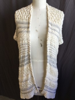 INHABIT, Cream, Heather Gray, Cotton, Stripes - Horizontal , Long Vest Knit,  Open Front, Rubbed Arm Holes & Hem