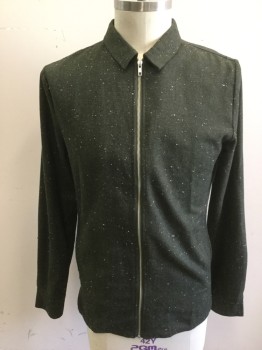 RVLT REVOLUTION, Dk Green, Polyester, Acrylic, Dark Green Flecked with White and Red Specks, Zip Front, Collar Attached, Long Sleeves, 2 Slit Pockets