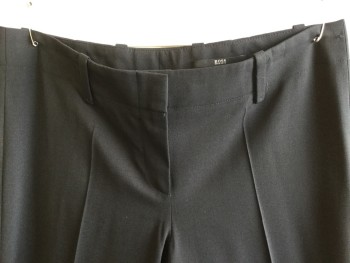 HUGO BOSS, Black, Wool, Elastane, Solid, 1.5" Seam Waistband with Belt Hoops, Flat Front, Zip Front,