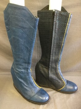 Womens, Sci-Fi/Fantasy Boots , MTO, Blue, Navy Blue, Yellow, Leather, 9, Made To Order, Hidden High Heel, Knee High, Zipper, Top Stitching, Yellow Piping, High Texture at Zipper