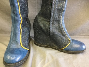 Womens, Sci-Fi/Fantasy Boots , MTO, Blue, Navy Blue, Yellow, Leather, 9, Made To Order, Hidden High Heel, Knee High, Zipper, Top Stitching, Yellow Piping, High Texture at Zipper