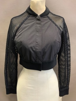 JOHNATHAN SIMKHAI, Black, Polyester, Nylon, Solid, Black, Button Front, Cropped, Net Sleeves