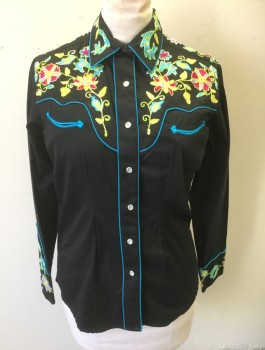 ROCKMOUNT RANCH, Black, Multi-color, Cotton, Solid, Floral, Twill, Neon Colorful Floral Embroidery at Western Yoke, Long Sleeves, Snap Front, Collar Attached, Turquoise Piping Trim, 2 Curved Welt Pockets