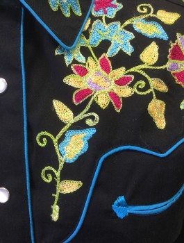 Womens, Shirt, ROCKMOUNT RANCH, Black, Multi-color, Cotton, Solid, Floral, B40, M, W36, Twill, Neon Colorful Floral Embroidery at Western Yoke, Long Sleeves, Snap Front, Collar Attached, Turquoise Piping Trim, 2 Curved Welt Pockets
