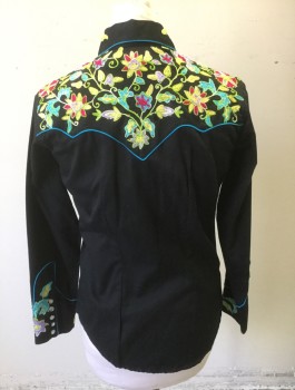 ROCKMOUNT RANCH, Black, Multi-color, Cotton, Solid, Floral, Twill, Neon Colorful Floral Embroidery at Western Yoke, Long Sleeves, Snap Front, Collar Attached, Turquoise Piping Trim, 2 Curved Welt Pockets