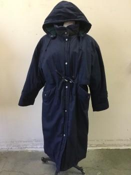 Womens, Coat, Winter, MULBERRY STREET, Navy Blue, Polyester, Nylon, Solid, L, Down Fill Below Knee Coat, Zip Front with Snap Placket, 2 Snap Pockets, Vented Yoke, Stand Collar, Button Attached Drawstring Hood, Attached Belted Sleeve Hem