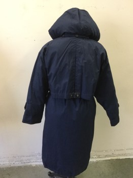 Womens, Coat, Winter, MULBERRY STREET, Navy Blue, Polyester, Nylon, Solid, L, Down Fill Below Knee Coat, Zip Front with Snap Placket, 2 Snap Pockets, Vented Yoke, Stand Collar, Button Attached Drawstring Hood, Attached Belted Sleeve Hem