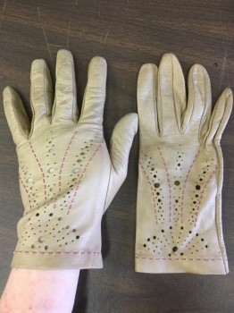 Womens, Leather Gloves, PAUL SMITH, Beige, Hot Pink, Leather, Polka Dots, 7.5, Short, Unlined, Hot Pink Running Stitch, Dirty Right Palm