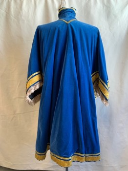 Mens, Historical Fiction Tabard, MTO, French Blue, Cotton, Solid, O/S, Royal Court, Military, Velvet, V-neck, High Collar Attached, Hook & Eye Collar, Gold Ribbon Trim, Gold Fringe, Squared Off Shoulders, Gold Rope Tassel Side Ties, Embroidered Royal Applique Attached Front, Open Sides, Multiple