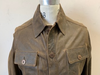 JIMMY AU , Brown, Leather, Solid, Button Front, Aged/Distressed Crackling, Unlined, 4 Button Flap Pockets,