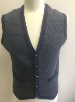 BROOKS BROTHERS, Navy Blue, Gray, Wool, Herringbone, Knit, 5 Knotted Leather Buttons at Front, V-neck, 2 Welt Pockets, Trim and Back are Solid Navy