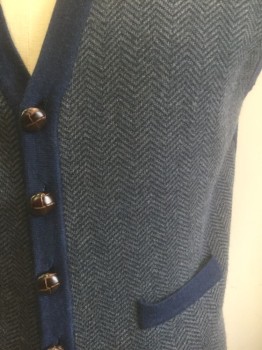 BROOKS BROTHERS, Navy Blue, Gray, Wool, Herringbone, Knit, 5 Knotted Leather Buttons at Front, V-neck, 2 Welt Pockets, Trim and Back are Solid Navy