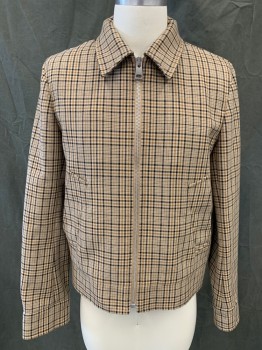 SANDRO, Tan Brown, Lt Brown, Black, Polyester, Cotton, Plaid, Zip Front Collar Attached, 2 Pockets, Long Sleeves, Snap Cuff