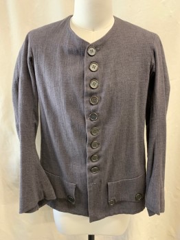Mens, Historical Fiction Jacket, MTO, Pewter Gray, Cotton, Solid, Ch 40, Button Front, 2 Faux Flap Pockets, Long Sleeves, 3 Back Slits,  Bottom Missing Button, 1600s