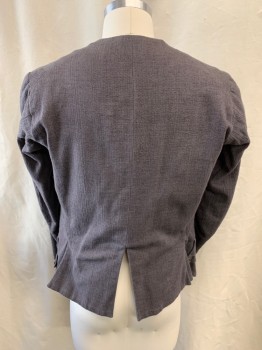 Mens, Historical Fiction Jacket, MTO, Pewter Gray, Cotton, Solid, Ch 40, Button Front, 2 Faux Flap Pockets, Long Sleeves, 3 Back Slits,  Bottom Missing Button, 1600s