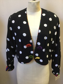 Womens, 1990s Vintage, Piece 1, PLATINUM, Black, White, Red, Rayon, B 34, P, W 28, Black & White Polka Dot Jacket, Multicolor Stripe Lining, Red, Purple, Green & Yellow Big Flower Buttons, No Collar, Worn Open