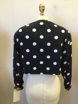 Womens, 1990s Vintage, Piece 1, PLATINUM, Black, White, Red, Rayon, B 34, P, W 28, Black & White Polka Dot Jacket, Multicolor Stripe Lining, Red, Purple, Green & Yellow Big Flower Buttons, No Collar, Worn Open