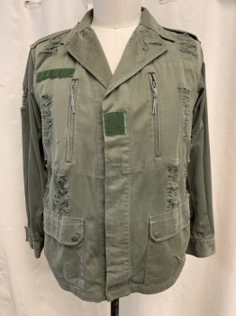 N/L, Dk Olive Grn, Cotton, Solid, Button Front, Hidden Placket, 4 Pockets, Collar Attached, 2 Velcro Patches for Army Patches, Long Sleeves, Snap Cuff, Elastic Waist, Aged/Distressed, Button Epaulets