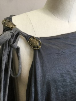 Unisex, Historical Fiction Cape, N/L MTO, Gray, Linen, Solid, O/S, Lightweight Linen,  Self Ties with Bronze Scarab Beetle Details