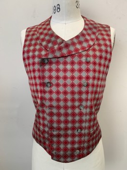 Mens, Historical Fiction Vest, MTO, Red, Gray, Silk, Polyester, Diamonds, C40, Double Breasted, High Notched Lapel, Waistcoat with Adjustable Back Belt, 2 Pockets, Buttons Have Been Move in to Accommodate a Larger Waist, Shoulder Burn