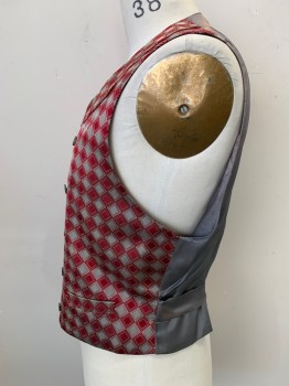 MTO, Red, Gray, Silk, Polyester, Diamonds, Double Breasted, High Notched Lapel, Waistcoat with Adjustable Back Belt, 2 Pockets, Buttons Have Been Move in to Accommodate a Larger Waist, Shoulder Burn