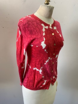 Womens, Sweater, TORY BURCH, Red, Pink, Cream, Red Burgundy, Cotton, Floral, XS, Long Sleeves, Jewel Neck, Gold Logo Button Front
