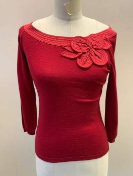 MOSCHINO CHEAP NCHIC, Cranberry Red, Wool, Silk, Solid, Knit, Silk Woven Bateau/Boat Neck with 3D Rosette, White Top Stitching, 3/4 Sleeves, Fitted