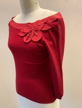 MOSCHINO CHEAP NCHIC, Cranberry Red, Wool, Silk, Solid, Knit, Silk Woven Bateau/Boat Neck with 3D Rosette, White Top Stitching, 3/4 Sleeves, Fitted