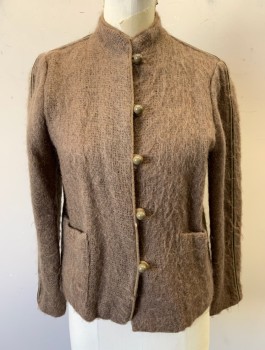 CAROLE LITTLE, Lt Brown, Mohair, Nylon, Solid, Cardigan/Jacket, Scratchy Knit, Stand Collar, 5 Button and Loop Closures at Front, Olive and Light Brown Piping at Shoulders/Sleeve Outseam, 2 Patch Pockets,