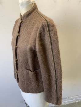 Womens, Sweater, CAROLE LITTLE, Lt Brown, Mohair, Nylon, Solid, B:36, Sz.6, Cardigan/Jacket, Scratchy Knit, Stand Collar, 5 Button and Loop Closures at Front, Olive and Light Brown Piping at Shoulders/Sleeve Outseam, 2 Patch Pockets,