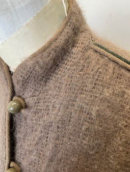 CAROLE LITTLE, Lt Brown, Mohair, Nylon, Solid, Cardigan/Jacket, Scratchy Knit, Stand Collar, 5 Button and Loop Closures at Front, Olive and Light Brown Piping at Shoulders/Sleeve Outseam, 2 Patch Pockets,