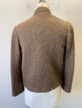 Womens, Sweater, CAROLE LITTLE, Lt Brown, Mohair, Nylon, Solid, B:36, Sz.6, Cardigan/Jacket, Scratchy Knit, Stand Collar, 5 Button and Loop Closures at Front, Olive and Light Brown Piping at Shoulders/Sleeve Outseam, 2 Patch Pockets,