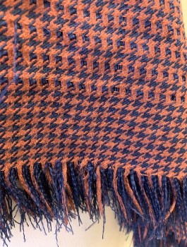 Womens, Shawl 1890s-1910s, Brick Red, Navy Blue, Wool, Houndstooth, Rectangular Shape, Self Fringed Ends,