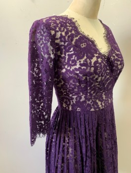 Womens, Dress, Long & 3/4 Sleeve, ELIZA J, Aubergine Purple, Beige, Nylon, Cotton, 2P, Purple Lace Over Beige Base Layer, 3/4 Sheer Sleeves, Surplice V-neck with Scallopped Edges,, 2" Wide Self Waistband, Pleated Skirt, Knee Length, Invisible Zipper in Back
