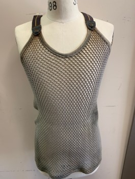 N/L, Gray, Charcoal Gray, Cotton, Leather, Aged Tank, See Through Crochet Net, Charcoal Straps with Mustard Stripe at Shoulders, with Leather Loop and Button, Scoop Neck, Racer Back