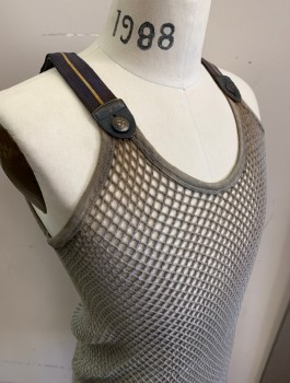 Mens, Tops, N/L, Gray, Charcoal Gray, Cotton, Leather, M, Aged Tank, See Through Crochet Net, Charcoal Straps with Mustard Stripe at Shoulders, with Leather Loop and Button, Scoop Neck, Racer Back