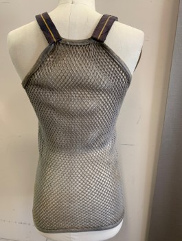 N/L, Gray, Charcoal Gray, Cotton, Leather, Aged Tank, See Through Crochet Net, Charcoal Straps with Mustard Stripe at Shoulders, with Leather Loop and Button, Scoop Neck, Racer Back