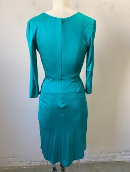 ISSA LONDON, Teal Green, Polyester, Spandex, Solid, Shiny Stretchy Fabric, 3/4 Sleeves, V-neck, Gathers Pointing to Center Front Waist, Knee Length, Invisible Zipper at Center Back