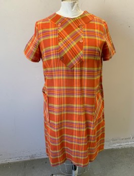 Womens, Dress, N/L, Orange, Purple, Yellow, Lime Green, Cotton, Plaid, H:48, B:44, Short Sleeves, Round Neck, Shift Dress, Panel at Chest with Decorative Orange Buttons, 2 Patch Pockets at Hips, Zipper in Back, Late 1960's