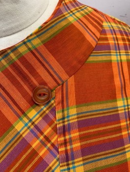Womens, Dress, N/L, Orange, Purple, Yellow, Lime Green, Cotton, Plaid, H:48, B:44, Short Sleeves, Round Neck, Shift Dress, Panel at Chest with Decorative Orange Buttons, 2 Patch Pockets at Hips, Zipper in Back, Late 1960's