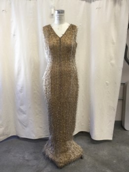 Womens, Evening Gown, N/L, Copper Metallic, Gold, Silver, Turquoise Blue, Silk, Polyester, Abstract , W28, B36, Copper Lamé,  Pleated with Gold/ Self Fabric Loops Sewn On with Turquoise Thread, Silver Thread "Fur", V neck Front and Back, Hook and Eye Closure Left Shoulder and Side, Sleeve Less.
