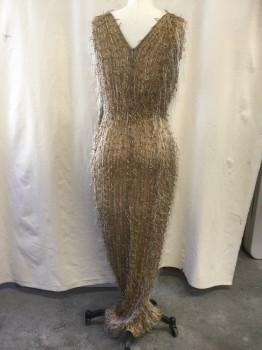 Womens, Evening Gown, N/L, Copper Metallic, Gold, Silver, Turquoise Blue, Silk, Polyester, Abstract , W28, B36, Copper Lamé,  Pleated with Gold/ Self Fabric Loops Sewn On with Turquoise Thread, Silver Thread "Fur", V neck Front and Back, Hook and Eye Closure Left Shoulder and Side, Sleeve Less.