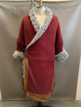 Mens, Historical Fiction Robe, MTO, Red Burgundy, Lt Gray, Lt Brown, Rust Orange, Cotton, Acrylic, Solid, Patchwork, XL, Shawl Collar, Ties at Left Side Waist and Inside of Waist, Gray Faux Fur Cuffs and Lining, Patchwork at Hem, and Back Bottom, 1 Back Vent, Slits at Sides