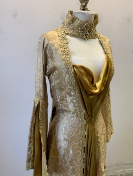 Womens, Historical Fiction Dress, N/L MTO, Gold, Silk, Floral, Solid, W:24, B:34, Floral Brocade, Long Bell Sleeves, Gold Velour Panel at Waist and Undersleeves, Stand Collar with Cutout at Bust, Pearl and Yellow Gemstone Brooch at Neck, Floor Length, Made To Order Medieval Royalty
